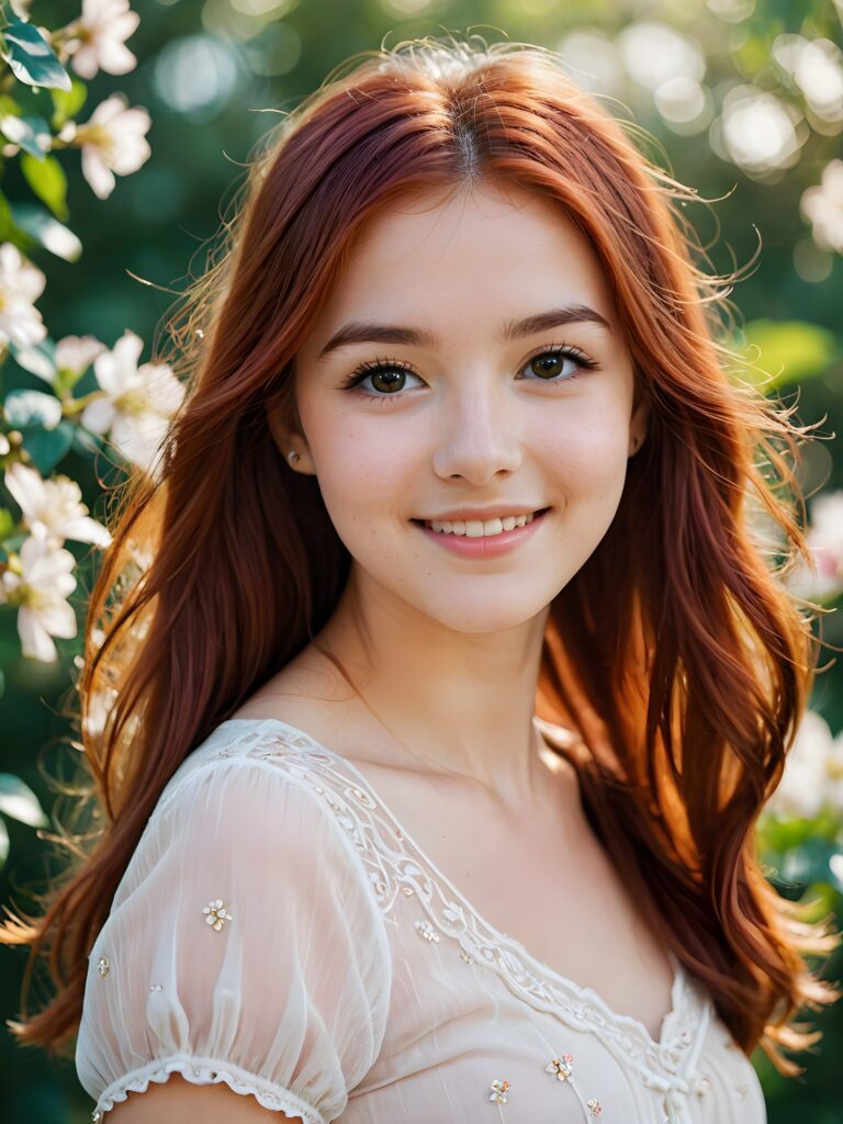 visualize a (((softly beautiful girlie))), with delicate features and a (((radiant aura))), suggesting purity and cuteness, her youthful exuberance apparent in her unmistakably adorable countenance, flawlessly fair skin, and a playfully turned-up smile, long straight and soft red hair