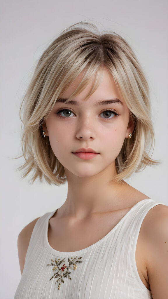 visualize a (((vividly detailed and realistic teen girl, 15 years old))) with straight, soft platinum blond hair, a classic bob cut featuring intricate details and delicate bangs that cascade down the side of her face, a thin dress, perfect body, full lips, wearing a short tank top that accentuates her figure, a sense of seduction captured through her posture and the (((white background)))) ((upper body))