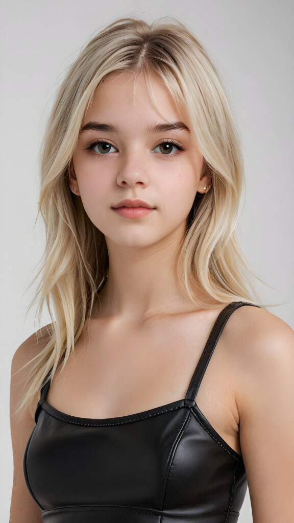 visualize a (((vividly detailed and realistic teen girl, 19 years old))) with straight, soft platinum blond long soft hair, bangs that cascade down the side of her face, ((she wears a thin and tight leather crop top that accentuates her perfect figure)), full lips, a sense of seduction captured through her posture and the (((white background))))