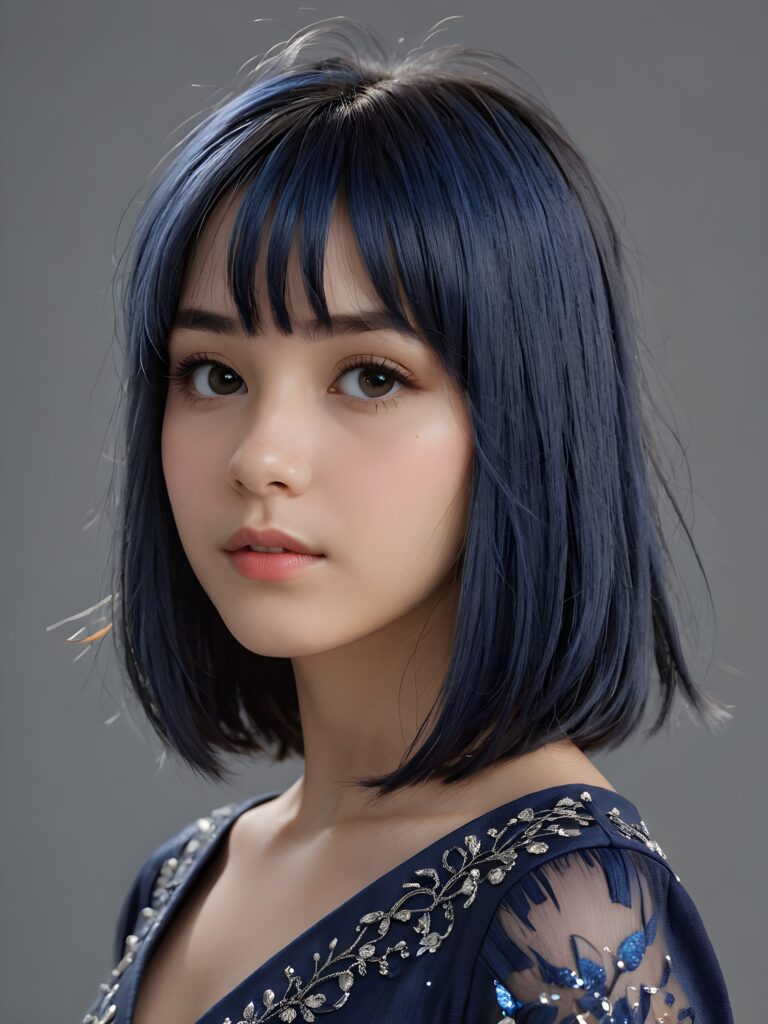 visualize a (((vividly drawn teen girl))) with ((straight soft midnight blue hair)), featuring intricate details and delicate bangs that cascade down the side of her face, thin dressed, ((grey background))