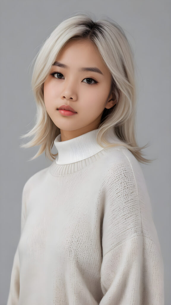 visualize a 3d picture: a (((detailed cute Asian teen girl with shoulder-length, soft straight platinum hair, brown eyes, exuding a sense of melancholy and loneliness, tears streaming down her face, round face and full lips, ((white tight wool sweater)) which perfectly shaped her body, against a (((simple, grey backdrop))), side view