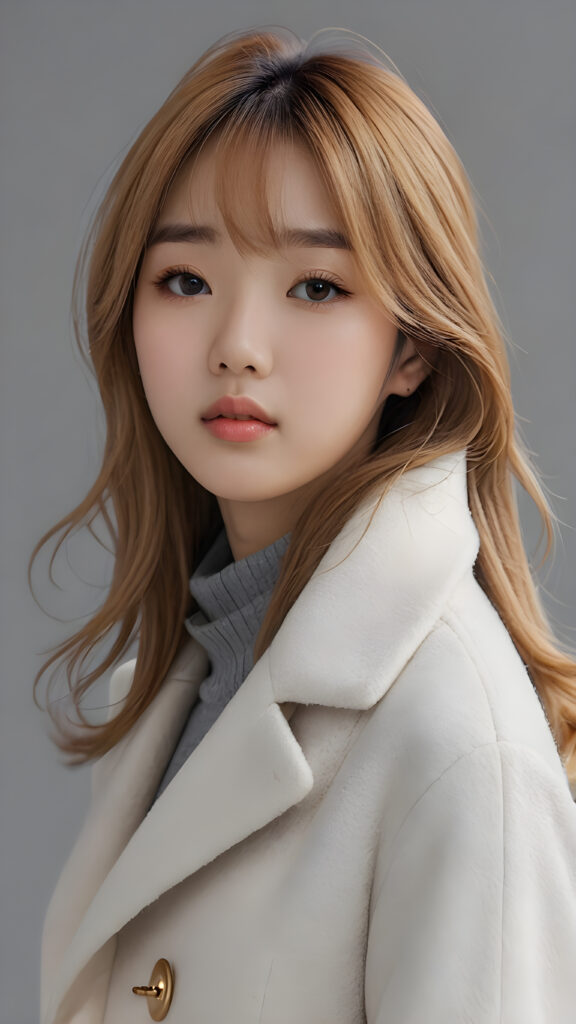 visualize a 3d picture: a (((detailed cute Korean teen girl with shoulder-length, soft straight gold hair, brown eyes, exuding a sense of melancholy and loneliness, tears streaming down her face, round face and full lips, ((white tight wool coat)) which perfectly shaped her body, against a (((simple, grey backdrop))), side view