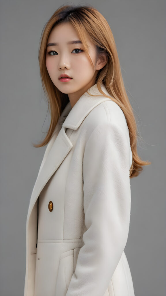 visualize a 3d picture: a (((detailed cute Korean teen girl with shoulder-length, soft straight gold hair, brown eyes, exuding a sense of melancholy and loneliness, tears streaming down her face, round face and full lips, ((white tight wool coat)) which perfectly shaped her body, against a (((simple, grey backdrop))), side view