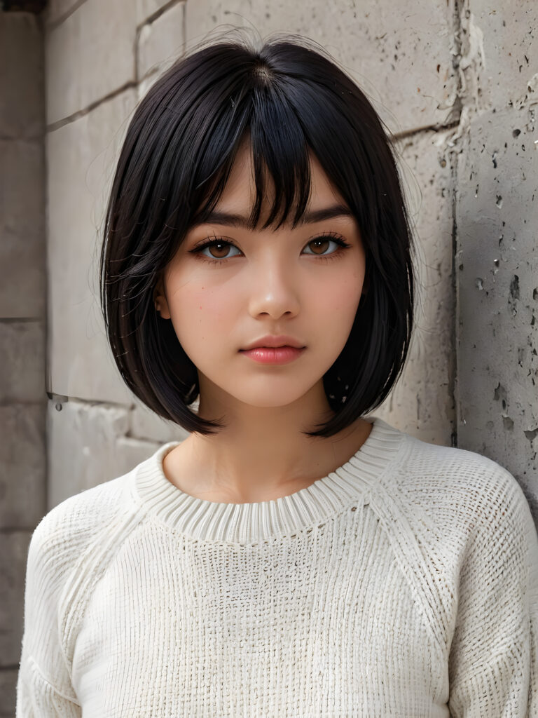 visualize a 3d picture: a (((detailed cute teen emo girl with shoulder-length, soft obsidian black straight hair, framing her face in side-swept bangs, bob cut, brown eyes, exuding a sense of melancholy and loneliness, tears streaming down her face, round face and full lips, ((white tight super fine wool sweater)) which perfectly shaped her body, against a (((simple, grey wall backdrop))), side view