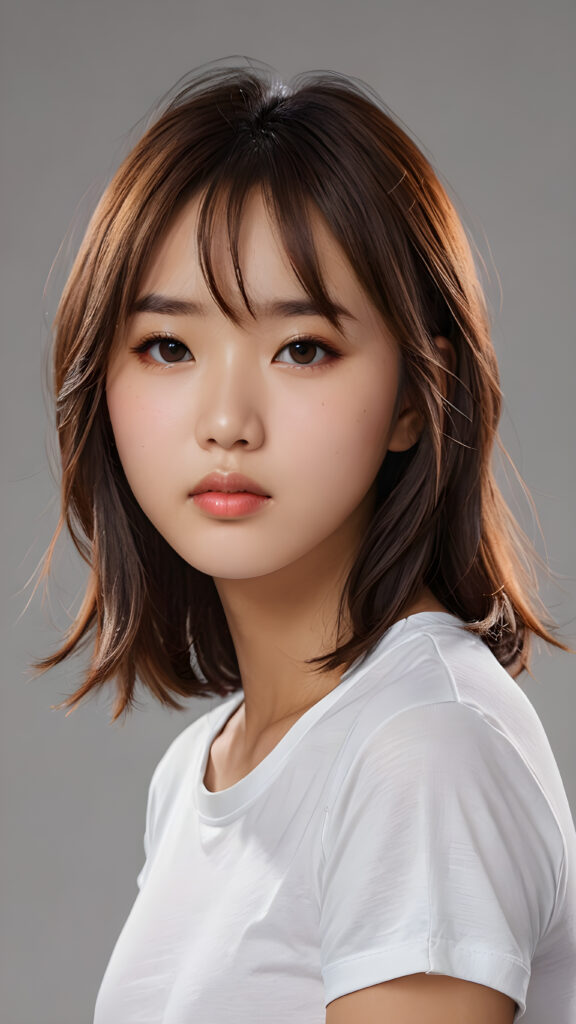 visualize a 3d picture: a (((detailed cute Asian teen girl with shoulder-length, soft straight hair, framing her face in side-swept bangs, brown eyes, exuding a sense of melancholy and loneliness, tears streaming down her face, round face and full lips, ((white tight cropped t-shirt)) which perfectly shaped her body, against a (((simple, grey backdrop))), side view