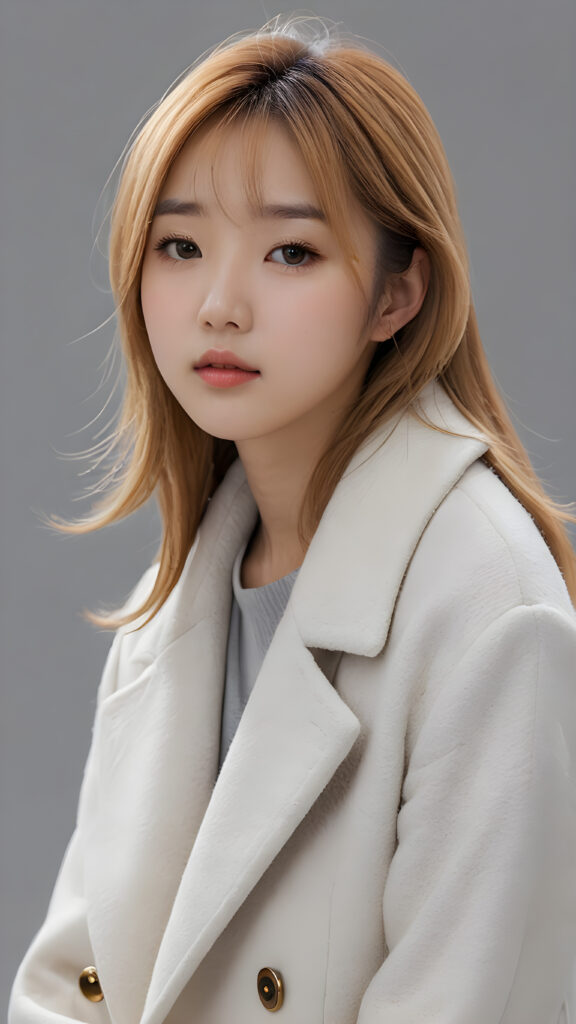 visualize a 3d picture: a (((detailed cute Korean teen girl with shoulder-length, soft straight gold hair, brown eyes, exuding a sense of melancholy and loneliness, tears streaming down her face, round face and full lips, ((white tight wool coat)) which perfectly shaped her body, against a (((simple, grey backdrop))), side view