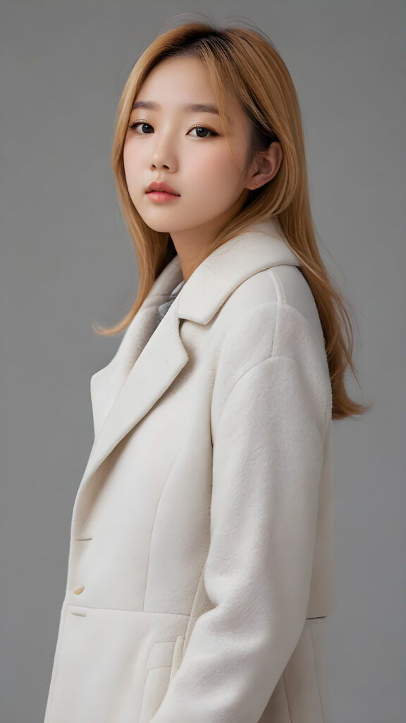 visualize a 3d picture: a (((detailed cute Korean teen girl with shoulder-length, soft straight gold hair, brown eyes, exuding a sense of melancholy and loneliness, tears streaming down her face, round face and full lips, ((white tight wool coat)) which perfectly shaped her body, against a (((simple, grey backdrop))), side view