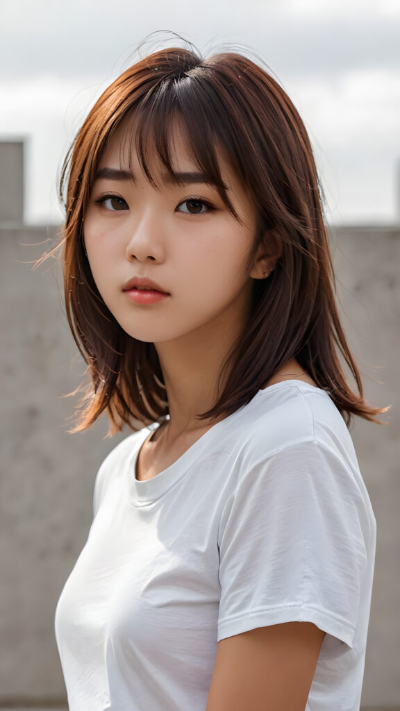 visualize a 3d picture: a (((detailed cute Asian teen girl with shoulder-length, soft straight hair, framing her face in side-swept bangs, brown eyes, exuding a sense of melancholy and loneliness, tears streaming down her face, round face and full lips, ((white tight cropped t-shirt)) which perfectly shaped her body, against a (((simple, grey backdrop))), side view