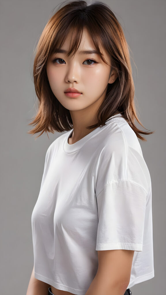 visualize a 3d picture: a (((detailed cute Asian teen girl with shoulder-length, soft straight hair, framing her face in side-swept bangs, brown eyes, exuding a sense of melancholy and loneliness, tears streaming down her face, round face and full lips, ((white tight cropped t-shirt)) which perfectly shaped her body, against a (((simple, grey backdrop))), side view