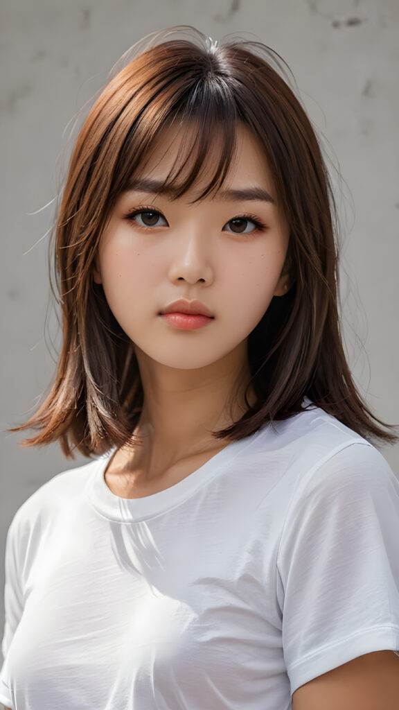 visualize a 3d picture: a (((detailed cute Asian teen girl with shoulder-length, soft straight hair, framing her face in side-swept bangs, brown eyes, exuding a sense of melancholy and loneliness, tears streaming down her face, round face and full lips, ((white tight cropped t-shirt)) which perfectly shaped her body, against a (((simple, grey backdrop))), side view