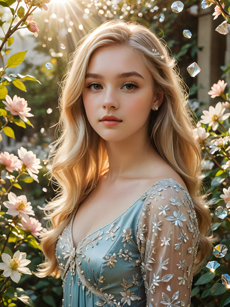 visualize a (((vividly drawn teenage girl))) with long, flowing blonde hair, standing against a backdrop of delicate blooms softly bathed in a (((vintage diamond sunlight filter))), her form and details reflect a timeless fantasy aesthetic that combines whimsy and nostalgia, as if captured through a shattered mirror