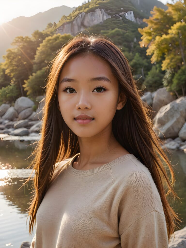 visualize a (((vividly beautiful scene))) where a (((cute tanned Asian teen girl with super long straight jet light-brown hair))), wears a soft fine sweater made of wool, against a backdrop of a serene, (ethereal landscape)