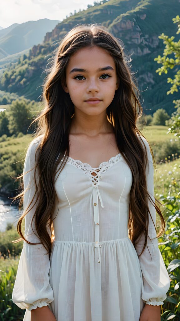 visualize a (((vividly beautiful scene))) where a (((teen girl with striking contrasting features))) with deep, dark skin and long, flowing tresses stands out against a backdrop of a serene, (ethereal landscape)