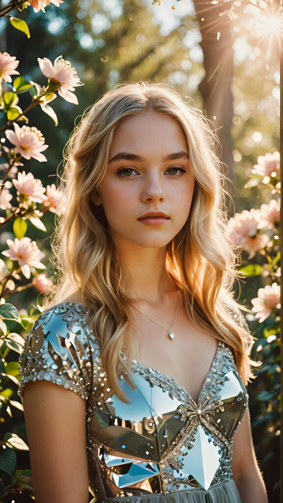 visualize a (((vividly drawn teenage girl))) with long, flowing blonde hair, standing against a backdrop of delicate blooms softly bathed in a (((vintage diamond sunlight filter))), her form and details reflect a timeless fantasy aesthetic that combines whimsy and nostalgia, as if captured through a shattered mirror