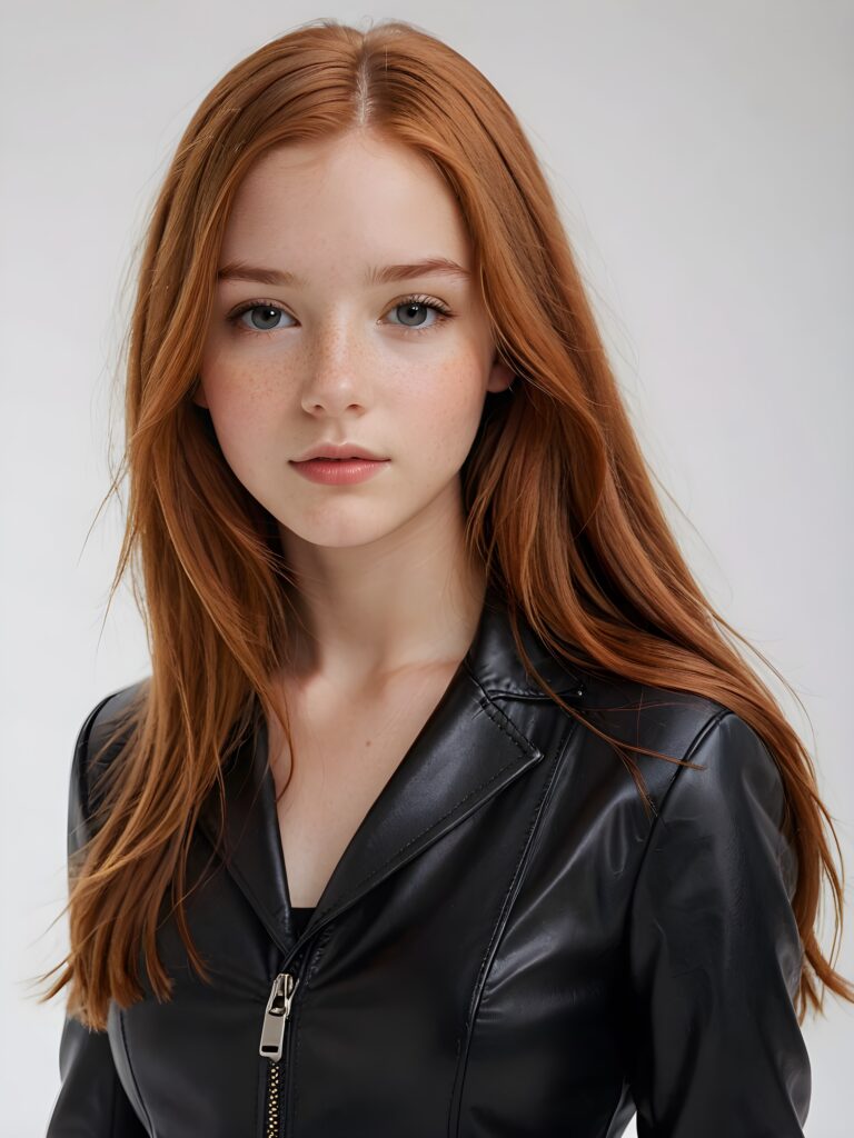 visualize a (((realistically detailed young teenage girl with long, soft straight red hair, framing her face with flowing, dark thin leather suit that expertly accentuates her stunningly gorgeous figure)), posed against a (translucent, ethereal white backdrop)