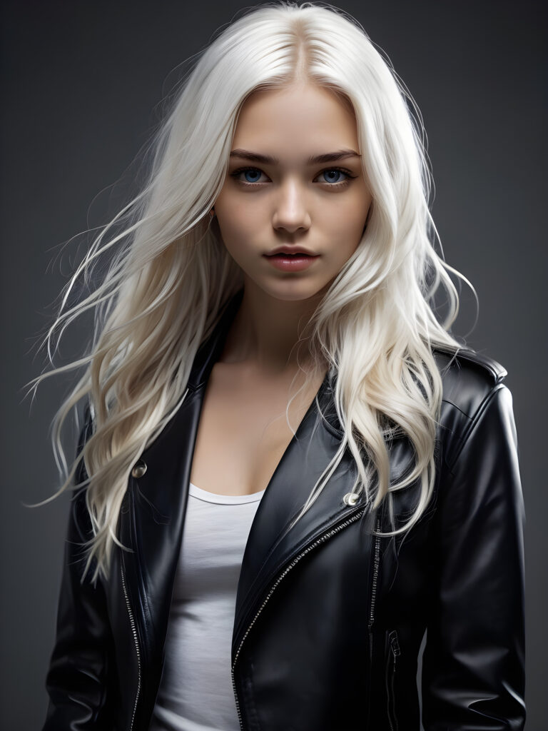 visualize a (((teen girl with flowing, white long soft hair and a perfectly curved figure))), dressed in a (((tight, black leather jacket))), combining mashup styles like (softly tinted gray and light bronze), with a soft focus technique that gives an (edgy yet soft look), pairing with (dark, crisp white and ink blue) for soft edges, creating an eye-catching overall aesthetic against a (subtle, grey backdrop)