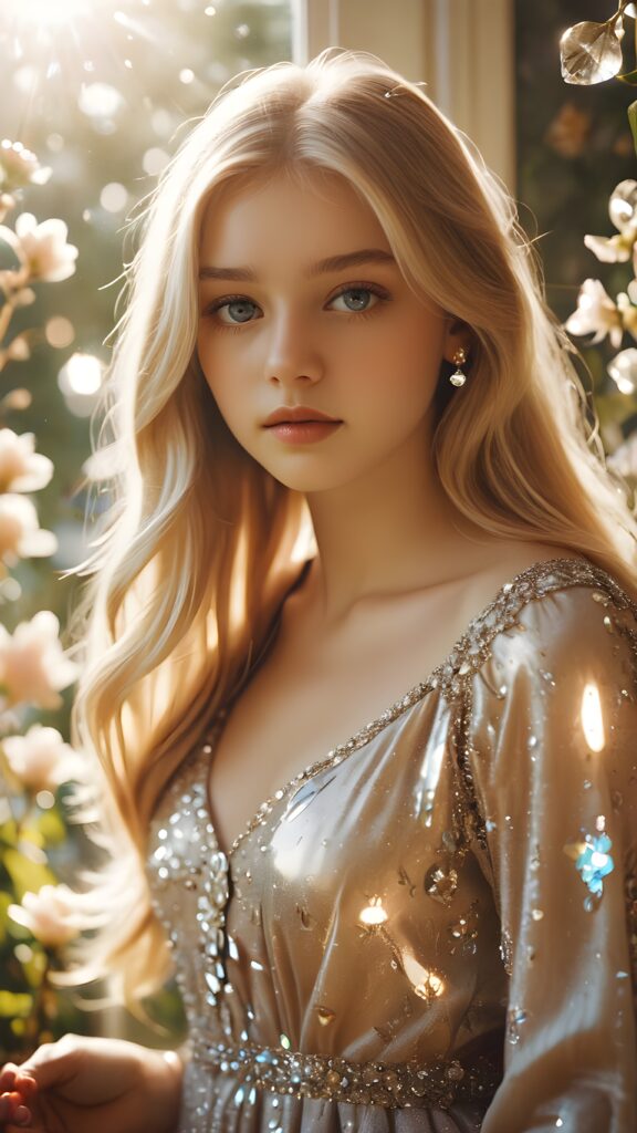 visualize a (((vividly drawn teenage girl))) with long, flowing blonde hair, standing against a backdrop of delicate blooms softly bathed in a (((vintage diamond sunlight filter))), her form and details reflect a timeless fantasy aesthetic that combines whimsy and nostalgia, as if captured through a shattered mirror