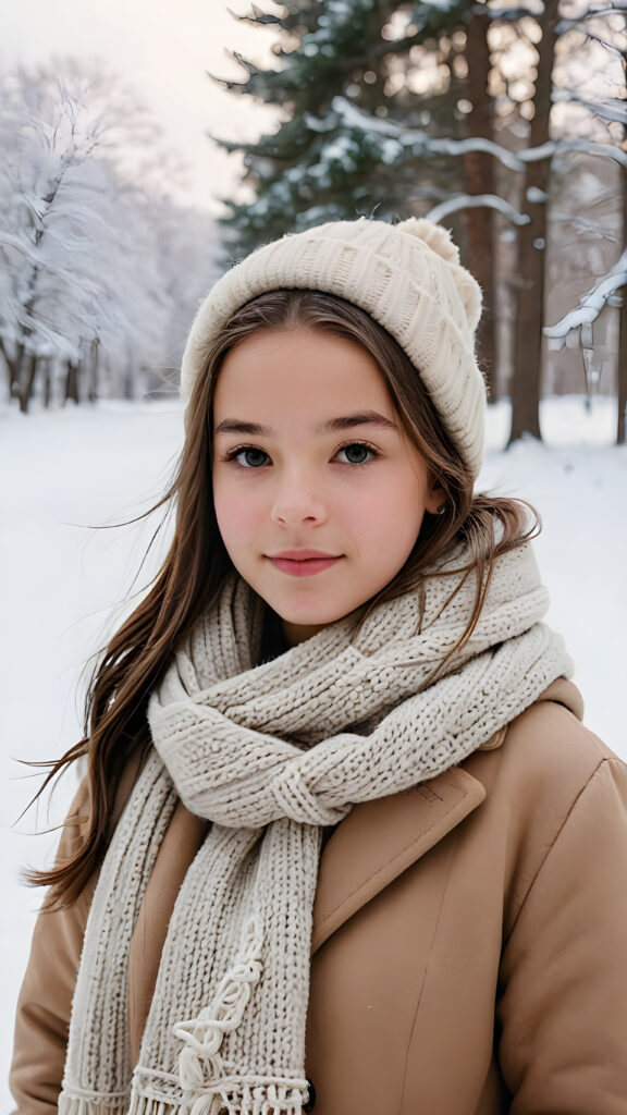 visualize a (((young teen girl))) dressed in a (wears a thick winter coat and a scarf), standing confidently against a (magnificent white backdrop) that suggests tranquility and serenity