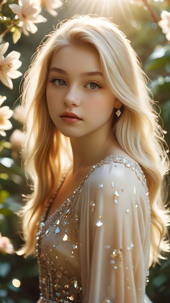 visualize a (((vividly drawn teenage girl))) with long, flowing blonde hair, standing against a backdrop of delicate blooms softly bathed in a (((vintage diamond sunlight filter))), her form and details reflect a timeless fantasy aesthetic that combines whimsy and nostalgia, as if captured through a shattered mirror