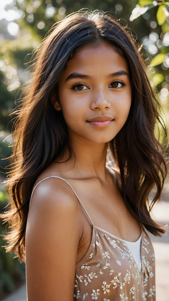 visualize a (((softly brown-skinned beautiful young teen girl))), with delicate features and a (((radiant aura))), suggesting purity and cuteness, her youthful exuberance apparent in her unmistakably adorable countenance, flawlessly fair skin, long straight and soft black hair, she wears a short crop top