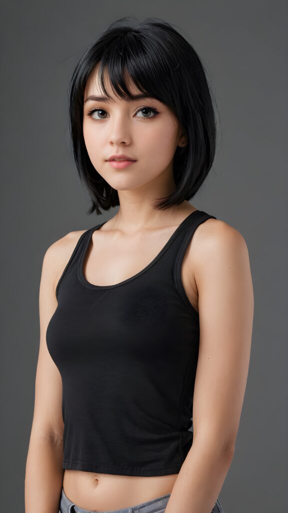 (((visualize a 3d picture))) of a (((cute teen emo girl))) with a ((((shoulder-length soft obsidian black straight hair)))), which perfectly styled and framed her face in (((side-swept bangs))), ((Bob cut)), and ((piercing eyes)), accompanied by a sleek and stylish (((tank top))). The scene is cropped from a (full-body view) to a (close-up of the girl), emphasizing her intricate details and expressing a sense of empathy and loneliness in the (((grey background))), side view