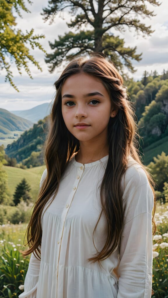 visualize a (((vividly beautiful scene))) where a (((teen girl with striking contrasting features))) with deep, dark skin and long, flowing tresses stands out against a backdrop of a serene, (ethereal landscape)