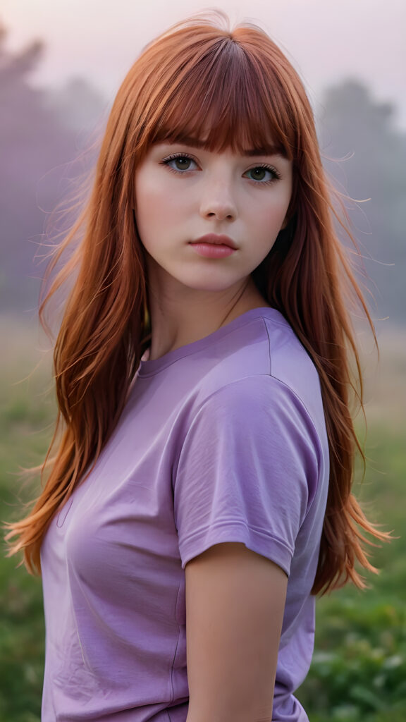 visualize a (((really detailed young teenage girl with long, soft straight red hair framing her face in classic bangs, her lips looking seductively, ((dressed in a plain violet t-shirt)) that accentuates every curve of her stunningly beautiful form, against a backdrop that suggests an ethereal mist