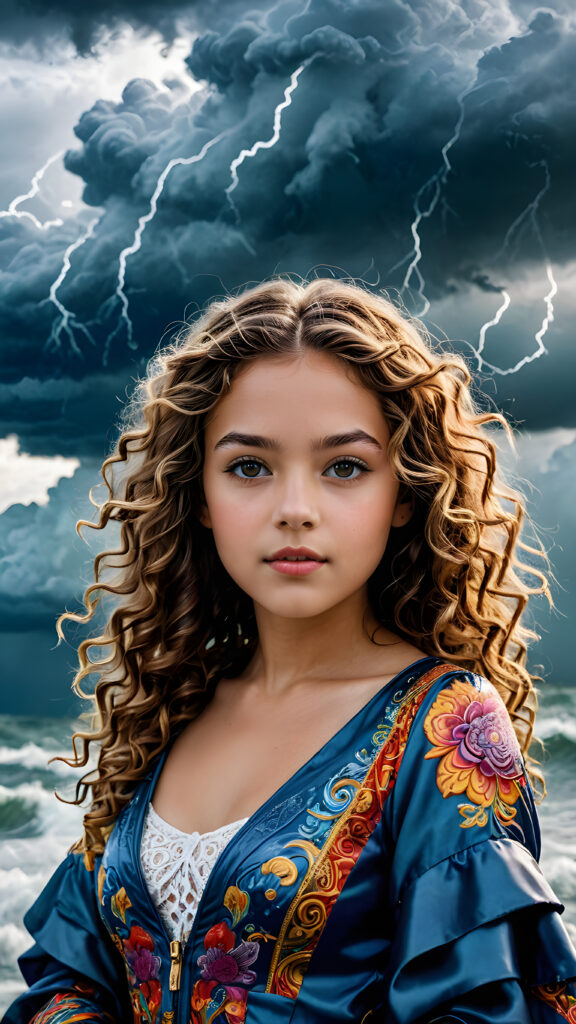 visualize a (((digital masterpiece))) with intricate details and patterns that evoke a sense of wonder, fantastical structures and colors interwoven with a (((vividly drawn girl))) whose flowing curls match the vibrancy of a (((storm brewing in the background))), luxurious surroundings