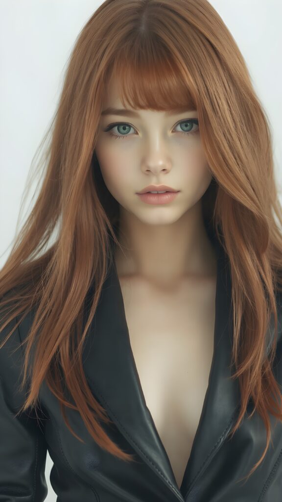 visualize a (((realistically detailed young teenage girl with long, soft straight red hair, framing her face with flowing, dark thin leather suit that expertly accentuates her stunningly gorgeous figure)), posed against a (translucent, ethereal white backdrop)