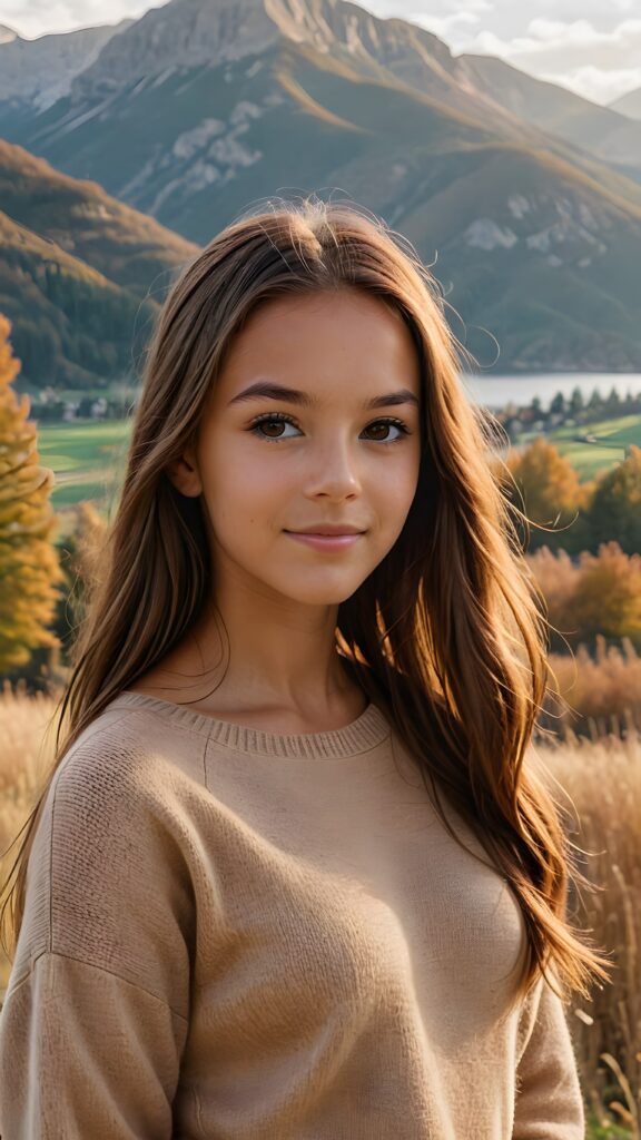 visualize a (((vividly beautiful scene))) where a (((cute tanned teen girl with super long straight jet brown hair))), wears a soft fine sweater made of wool, against a backdrop of a serene, (ethereal landscape)