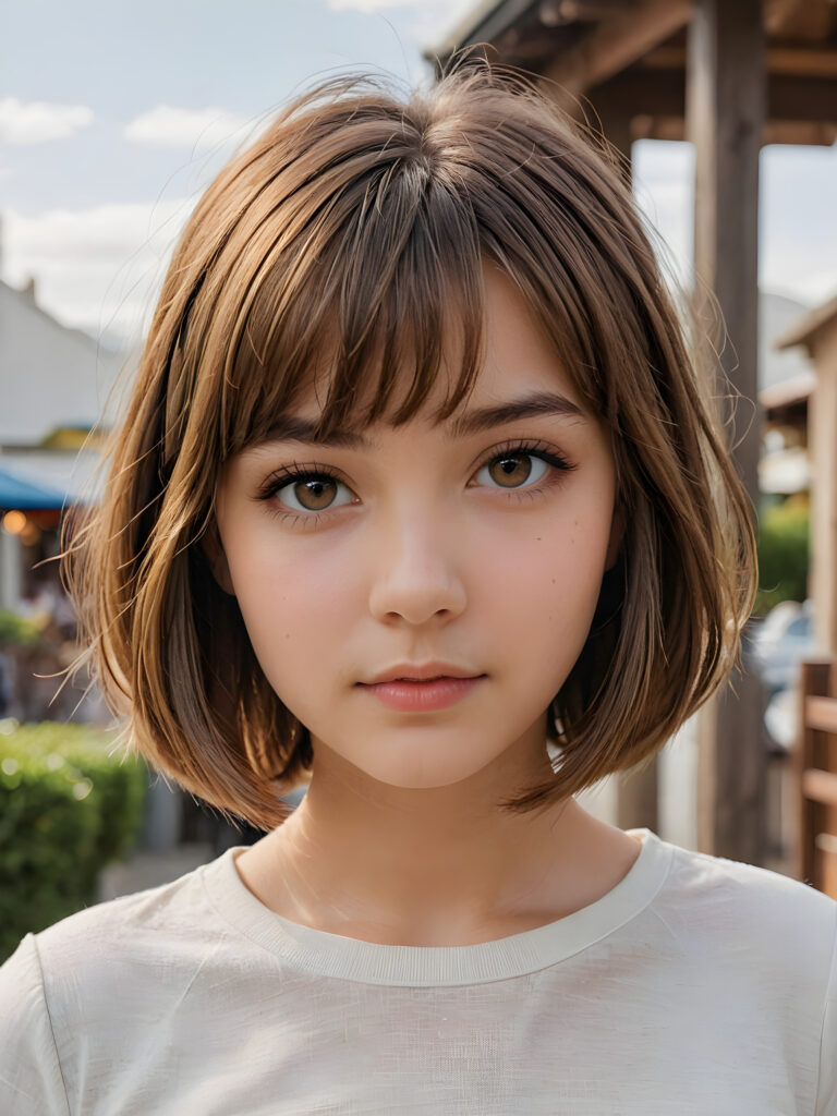 visualize a (((beautiful drawning))), capturing a (teen girl with long, straight soft brown hair, styled in a (short bob cut), her face framed by a short, bang-like fringe), and short, detailed facial features, facing forward with a serene expression, wearing a white short, crop t-shirt against a (detailed, realistic backdrop)