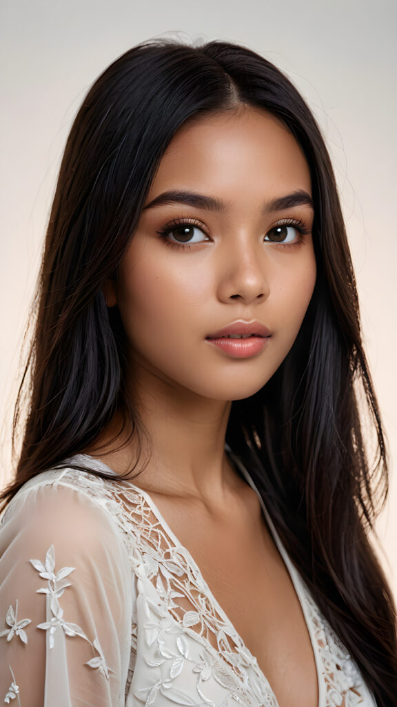 visualize a (((realistically detailed image))) of a (((softly beautiful young Exotic girl))), ((round face)), with delicate yet intricate (((light brown skin))), luxurious long (((straight, smooth obsidian black hair))), framed by a (((gently contrasting white backdrop))), 8K, Full HD, 3D, ((two viewpoint)), cinematic, contrast color grading, vivid color, hue shift