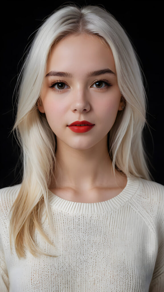 visualize a (((digital masterpiece))), ((a teen girl wears a thin light white sweater)) that supports her perfect body, long straight soft white hair, full red lips, seductive look ((black background)) ((dimmed light)), perfect shadows