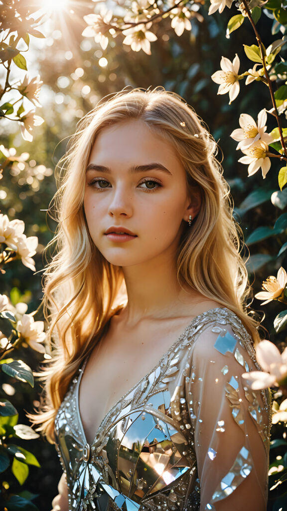 visualize a (((vividly drawn teenage girl))) with long, flowing blonde hair, standing against a backdrop of delicate blooms softly bathed in a (((vintage diamond sunlight filter))), her form and details reflect a timeless fantasy aesthetic that combines whimsy and nostalgia, as if captured through a shattered mirror