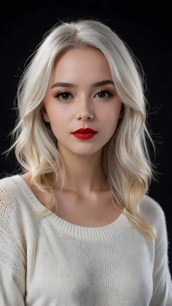 visualize a (((digital masterpiece))), ((a teen girl wears a thin light white sweater)) that supports her perfect body, long straight soft white hair, full red lips, seductive look ((black background)) ((dimmed light)), perfect shadows