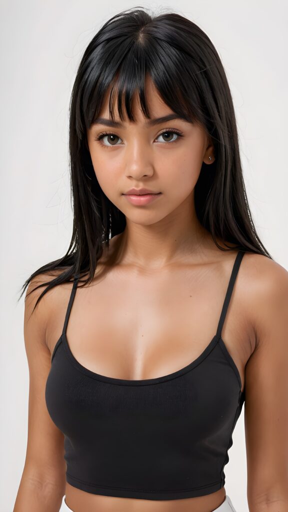 (((visualize a 3d picture))) of a (((cute tanned Latino teen girl))) with ((((long soft obsidian black straight hair)))), and framed her face in (((side-swept bangs))), and ((piercing eyes)), accompanied by a sleek (((cropped spaghetti tank top))). The scene is cropped from a (close-up of the girl), emphasizing her intricate details and expressing a sense of empathy and loneliness in the (((white backdrop)))