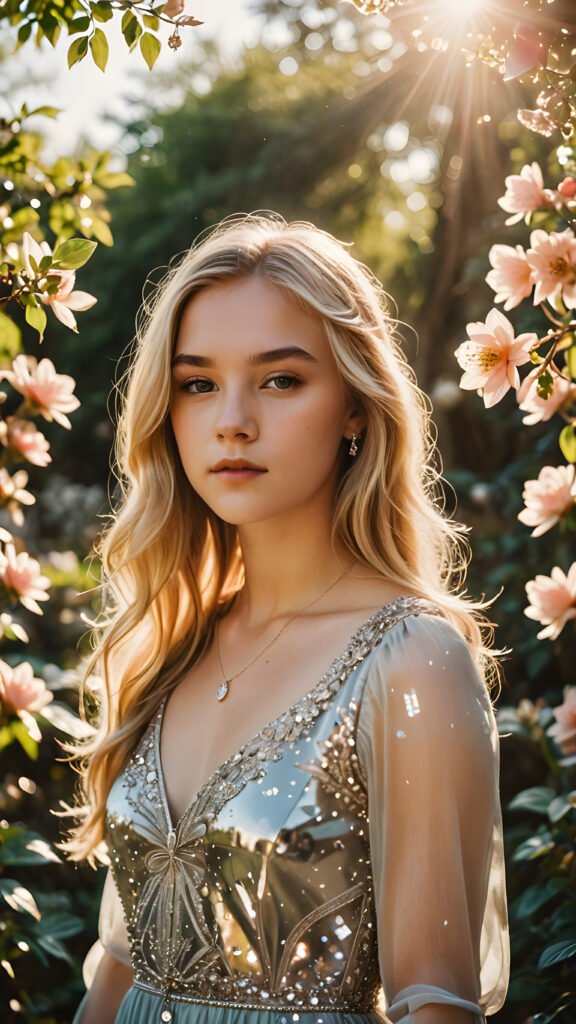 visualize a (((vividly drawn teenage girl))) with long, flowing blonde hair, standing against a backdrop of delicate blooms softly bathed in a (((vintage diamond sunlight filter))), her form and details reflect a timeless fantasy aesthetic that combines whimsy and nostalgia, as if captured through a shattered mirror