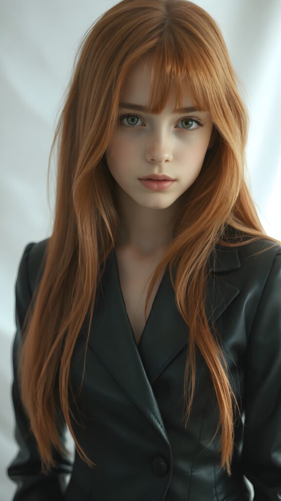 visualize a (((realistically detailed young teenage girl with long, soft straight red hair, framing her face with flowing, dark thin leather suit that expertly accentuates her stunningly gorgeous figure)), posed against a (translucent, ethereal white backdrop)