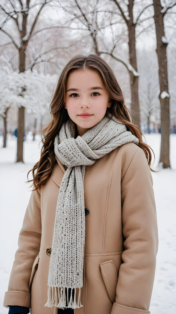 visualize a (((young teen girl))) dressed in a (wears a thick winter coat and a scarf), standing confidently against a (magnificent white backdrop) that suggests tranquility and serenity