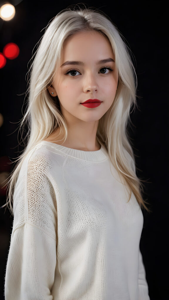 visualize a (((digital masterpiece))), ((a teen girl wears a thin light white sweater)) that supports her perfect body, long straight soft white hair, full red lips, seductive look ((black background)) ((dimmed light)), perfect shadows