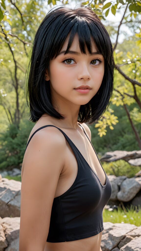 (((visualize a 3d picture))) of a (((cute teen girl))) with a ((((shoulder-length soft obsidian black straight hair)))), which perfectly styled and framed her face in (((side-swept bangs))), and ((piercing eyes)), accompanied by a sleek (((cropped tank top))). The scene is cropped from a (full-body view) to a (close-up of the girl), emphasizing her intricate details and expressing a sense of empathy and loneliness in the (((natural spring backdrop)))