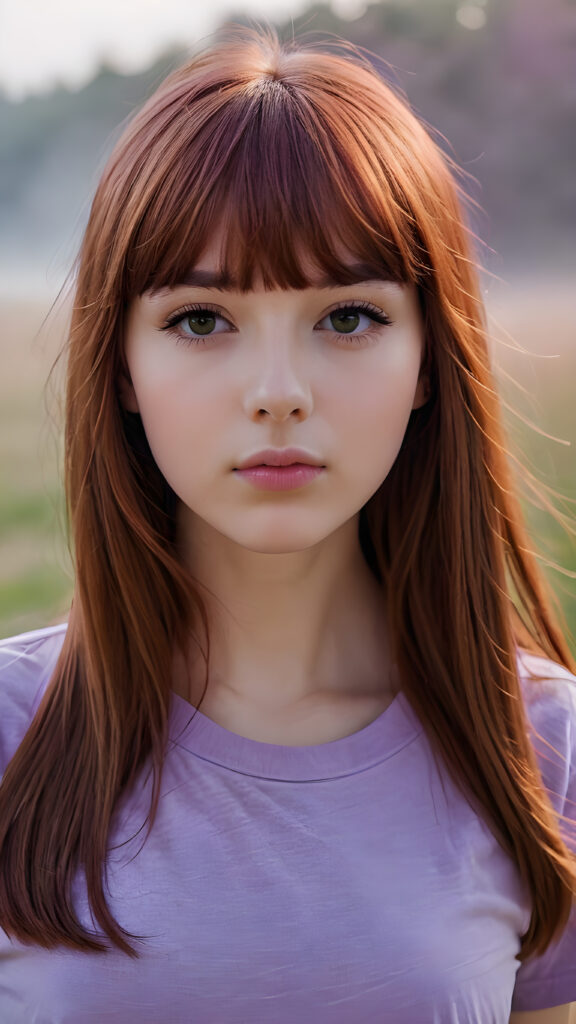 visualize a (((really detailed young teenage girl with long, soft straight red hair framing her face in classic bangs, her lips looking seductively, ((dressed in a plain violet t-shirt)) that accentuates every curve of her stunningly beautiful form, against a backdrop that suggests an ethereal mist