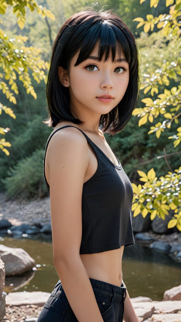 (((visualize a 3d picture))) of a (((cute teen girl))) with a ((((shoulder-length soft obsidian black straight hair)))), which perfectly styled and framed her face in (((side-swept bangs))), and ((piercing eyes)), accompanied by a sleek (((cropped tank top))). The scene is cropped from a (full-body view) to a (close-up of the girl), emphasizing her intricate details and expressing a sense of empathy and loneliness in the (((natural spring backdrop)))