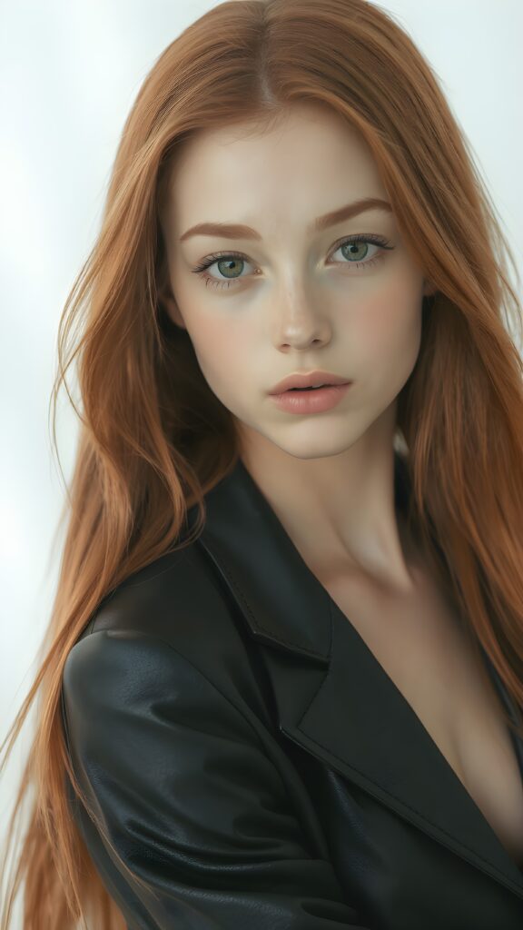 visualize a (((realistically detailed young teenage girl with long, soft straight red hair, framing her face with flowing, dark thin leather suit that expertly accentuates her stunningly gorgeous figure)), posed against a (translucent, ethereal white backdrop)