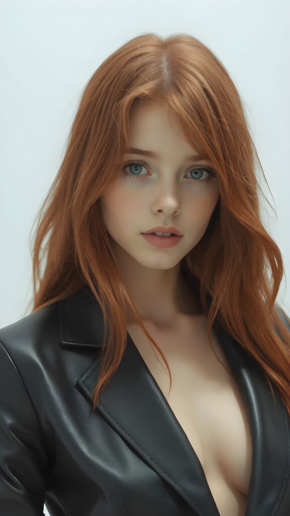 visualize a (((realistically detailed young teenage girl with long, soft straight red hair, framing her face with flowing, dark thin leather suit that expertly accentuates her stunningly gorgeous figure)), posed against a (translucent, ethereal white backdrop)