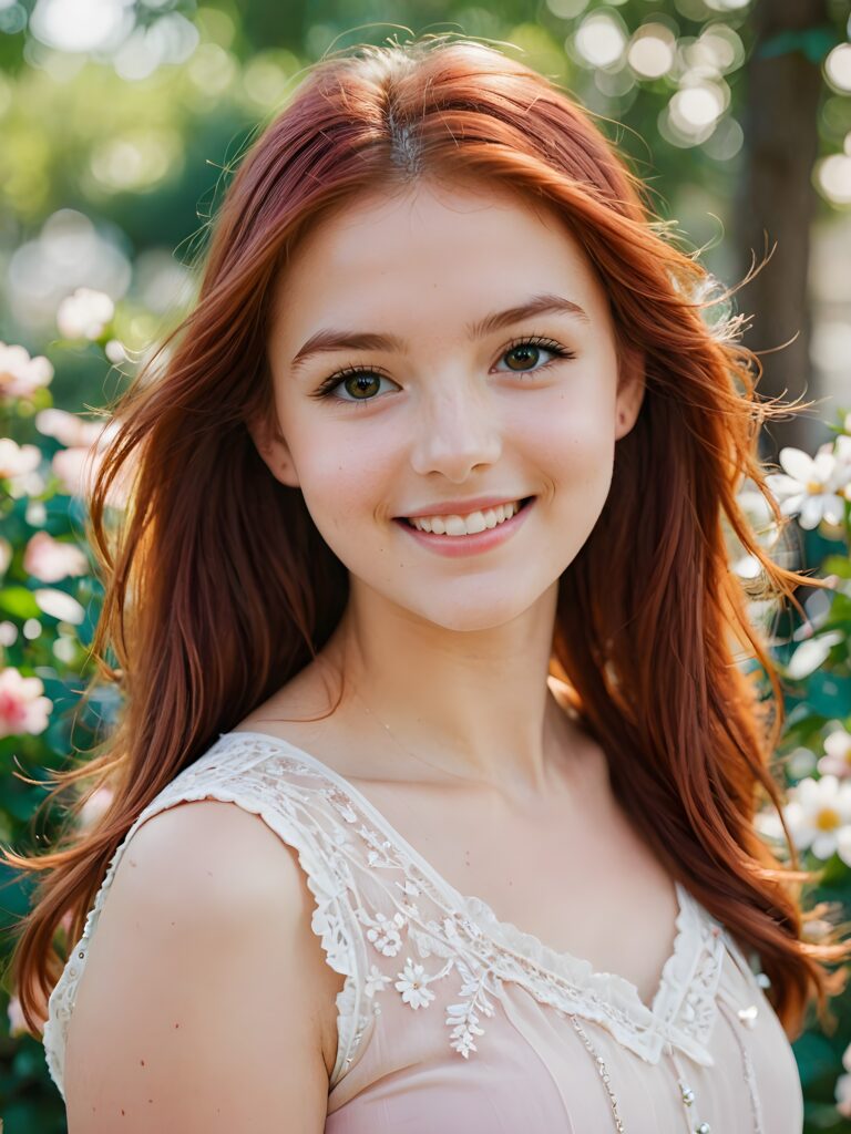 visualize a (((softly beautiful girlie))), with delicate features and a (((radiant aura))), suggesting purity and cuteness, her youthful exuberance apparent in her unmistakably adorable countenance, flawlessly fair skin, and a playfully turned-up smile, long straight and soft red hair