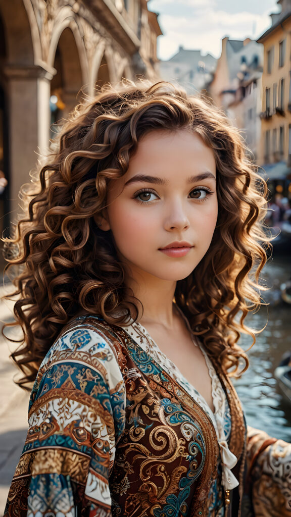 visualize a (((digital masterpiece))) with intricate ((details and patterns)) that evoke a sense of wonder, fantastical structures and colors interwoven with a (((vividly drawn girl))) whose flowing brown curls match, luxurious surroundings