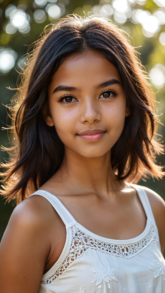 visualize a (((softly brown-skinned beautiful young teen girl))), with delicate features and a (((radiant aura))), suggesting purity and cuteness, her youthful exuberance apparent in her unmistakably adorable countenance, flawlessly fair skin, long straight and soft black hair, she wears a short crop top