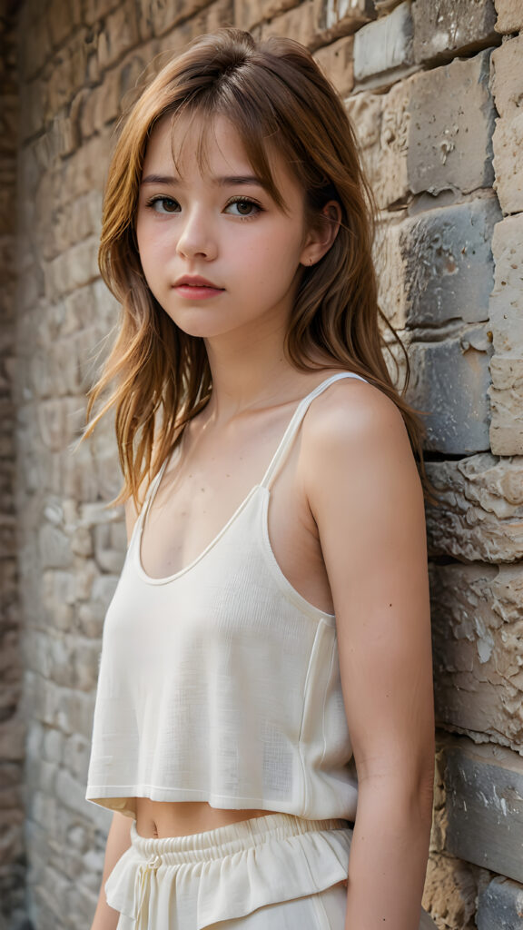 visualize a cute picture: a detailed teen girl, 13 years old, with soft straight very long jet hair, bangs cut frame her round face, exuding a sense of melancholy and loneliness, full lips, (((white cropped short tank top made of fine wool)) which perfectly shaped her body), side view (((against a wall backdrop)))