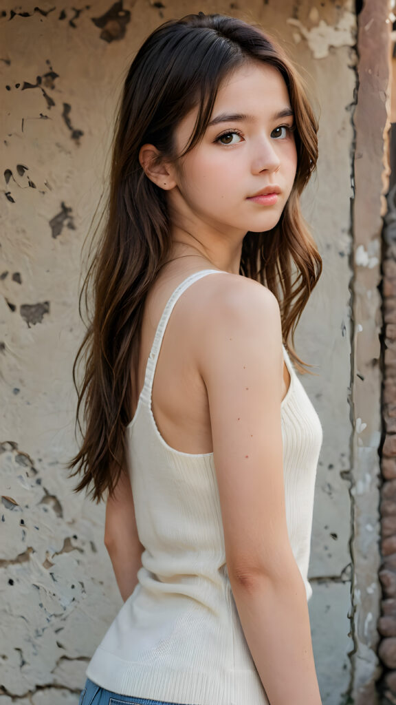 visualize a cute picture: a detailed teen girl, 13 years old, with soft straight very long jet hair, bangs cut frame her round face, exuding a sense of melancholy and loneliness, full lips, (((white cropped short tank top made of fine wool)) which perfectly shaped her body), side view (((against a wall backdrop)))